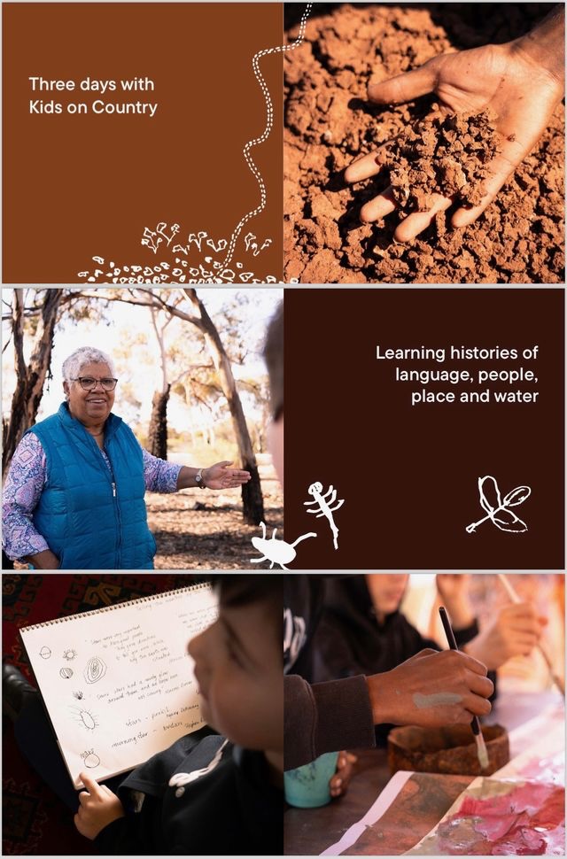 Collage by Kammi Rapsey demonstrating three days with Kids on Country and learning histories of language, people, place and water.