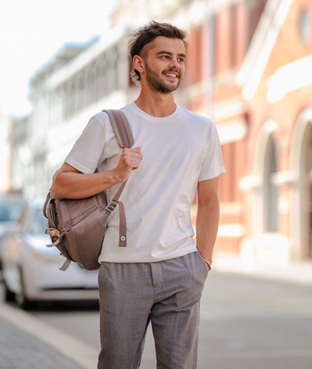 Undergraduate male Notre Dame student walking in the streets around Fremantle campus 